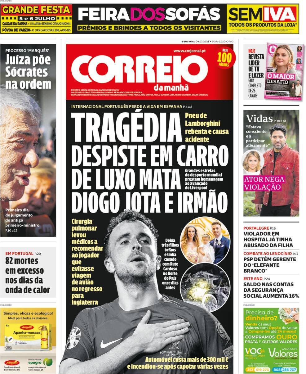 Correio da Manh&atilde;: Capa da Edi&ccedil;&atilde;o de sexta-feira, 04 de julho 2025