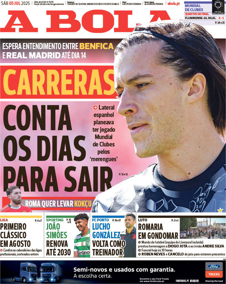 A Bola: Capa da Edi&ccedil;&atilde;o de s&aacute;bado, 05 de julho 2025