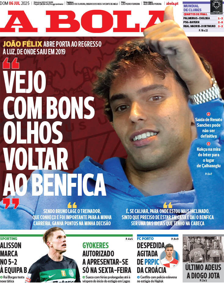 A Bola: Capa da Edi&ccedil;&atilde;o de domingo, 06 de julho 2025