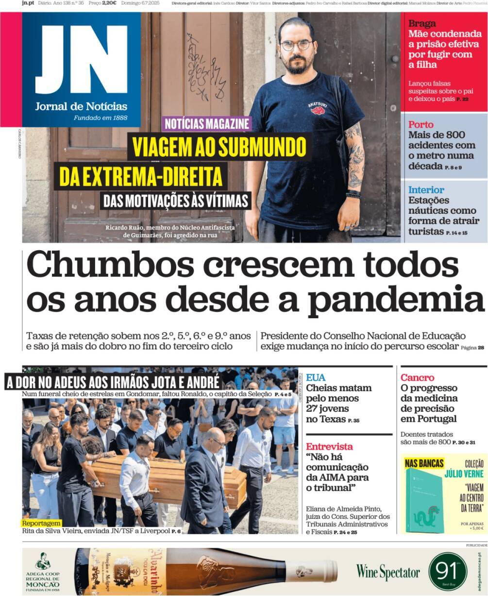 Jornal de Not&iacute;cias: Capa da Edi&ccedil;&atilde;o de domingo, 06 de julho 2025