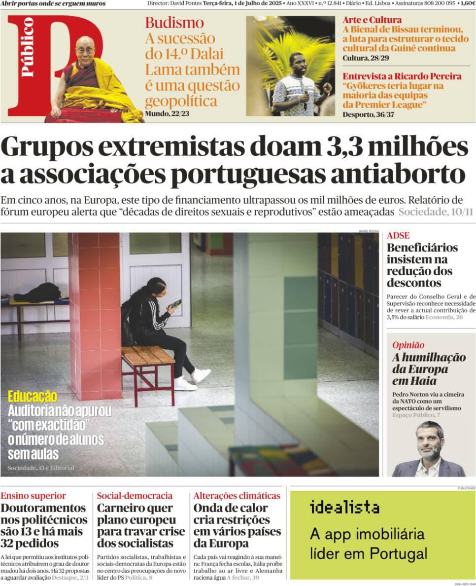 P&uacute;blico: Capa da Edi&ccedil;&atilde;o de ter&ccedil;a-feira, 01 de julho 2025