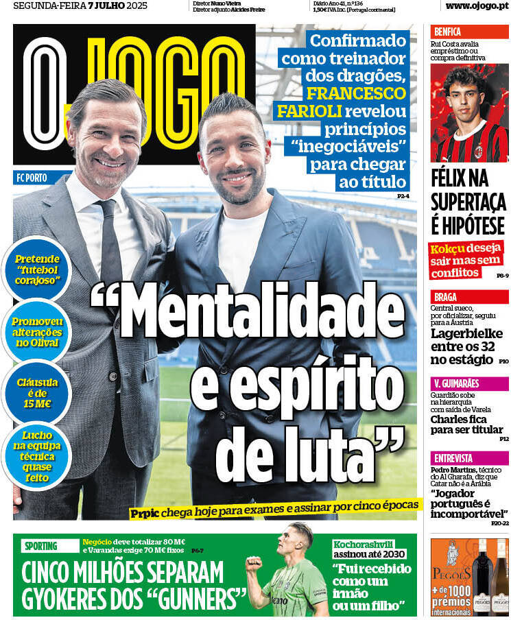 O Jogo: Capa da Edi&ccedil;&atilde;o de segunda-feira, 07 de julho 2025