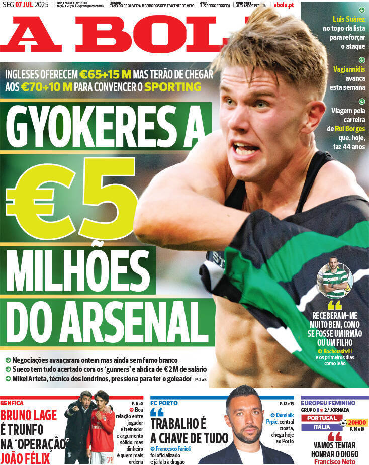 A Bola: Capa da Edi&ccedil;&atilde;o de segunda-feira, 07 de julho 2025