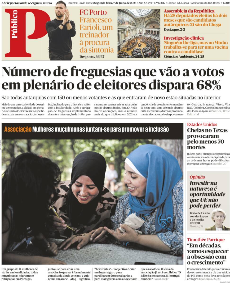 P&uacute;blico: Capa da Edi&ccedil;&atilde;o de segunda-feira, 07 de julho 2025