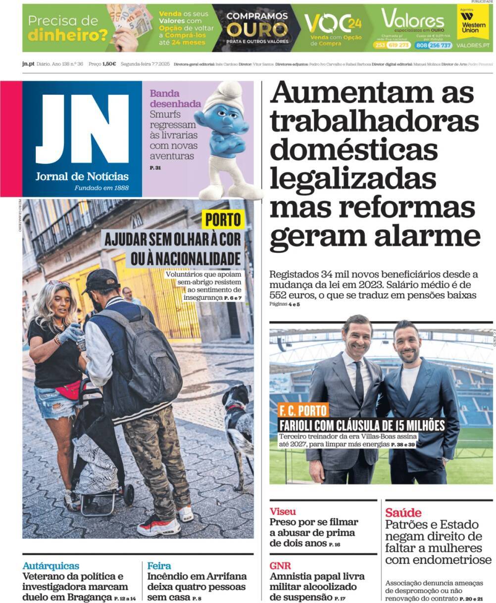 Jornal de Not&iacute;cias: Capa da Edi&ccedil;&atilde;o de segunda-feira, 07 de julho 2025