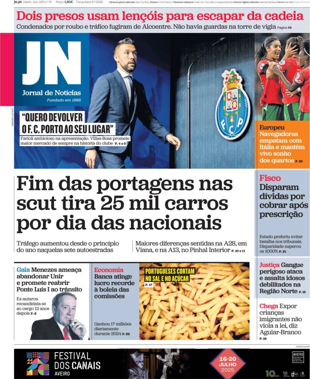 Jornal de Not&iacute;cias: Capa da Edi&ccedil;&atilde;o de ter&ccedil;a-feira, 08 de julho 2025