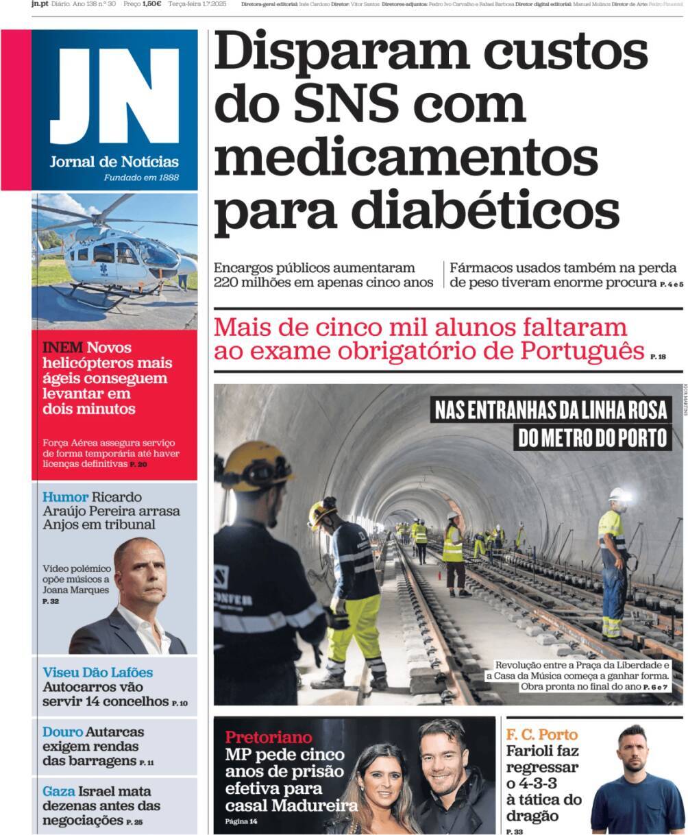 Jornal de Not&iacute;cias: Capa da Edi&ccedil;&atilde;o de ter&ccedil;a-feira, 01 de julho 2025