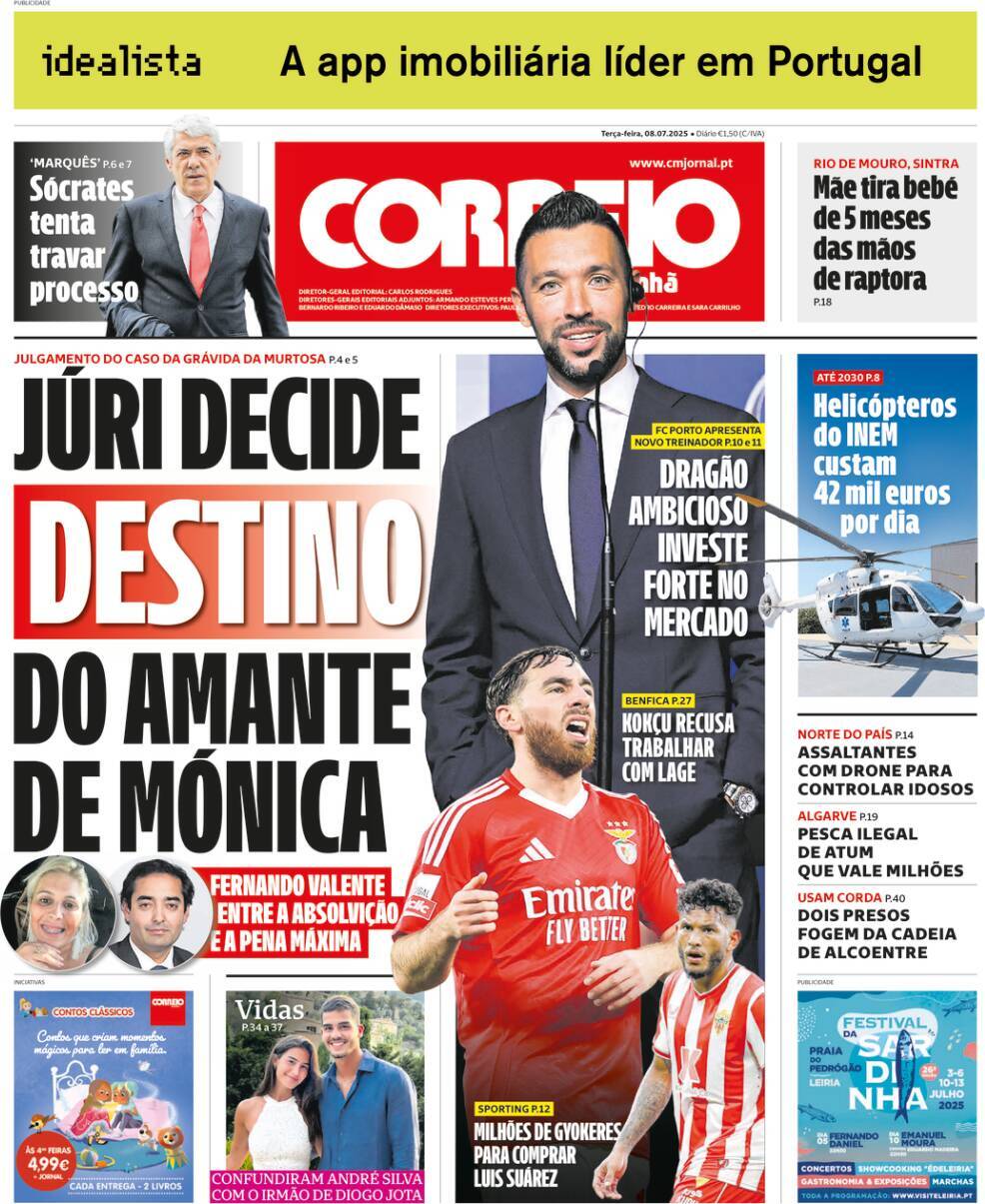 Correio da Manh&atilde;: Capa da Edi&ccedil;&atilde;o de ter&ccedil;a-feira, 08 de julho 2025