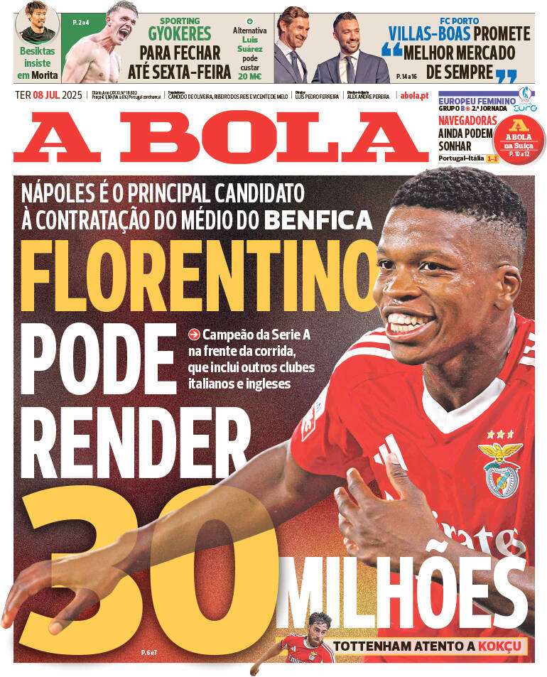 A Bola: Capa da Edi&ccedil;&atilde;o de ter&ccedil;a-feira, 08 de julho 2025