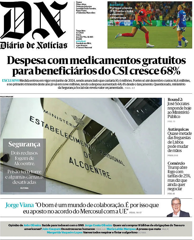 Di&aacute;rio de Not&iacute;cias: Capa da Edi&ccedil;&atilde;o de ter&ccedil;a-feira, 08 de julho 2025