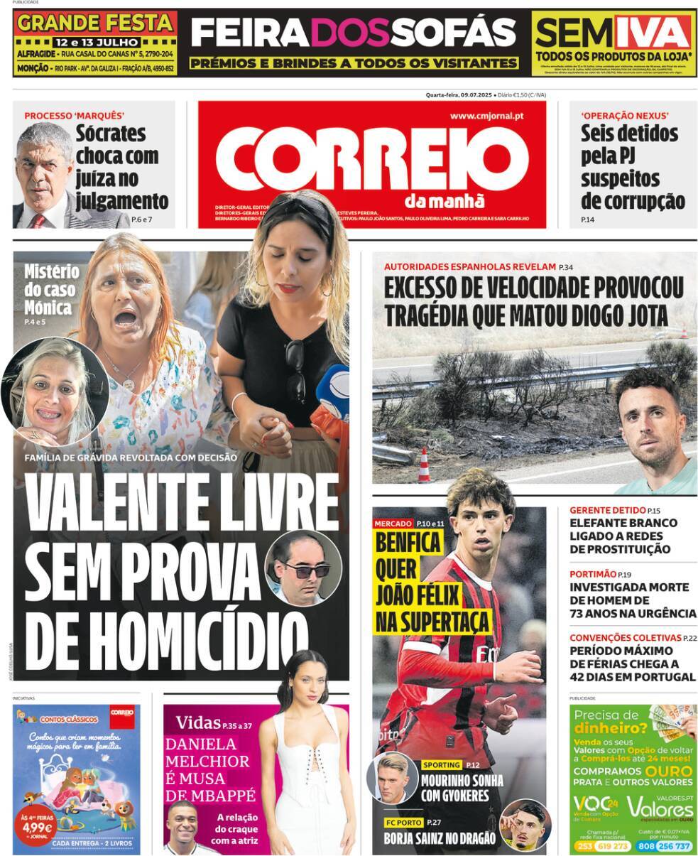 Correio da Manh&atilde;: Capa da Edi&ccedil;&atilde;o de quarta-feira, 09 de julho 2025