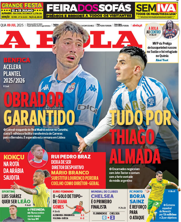A Bola: Capa da Edi&ccedil;&atilde;o de quarta-feira, 09 de julho 2025