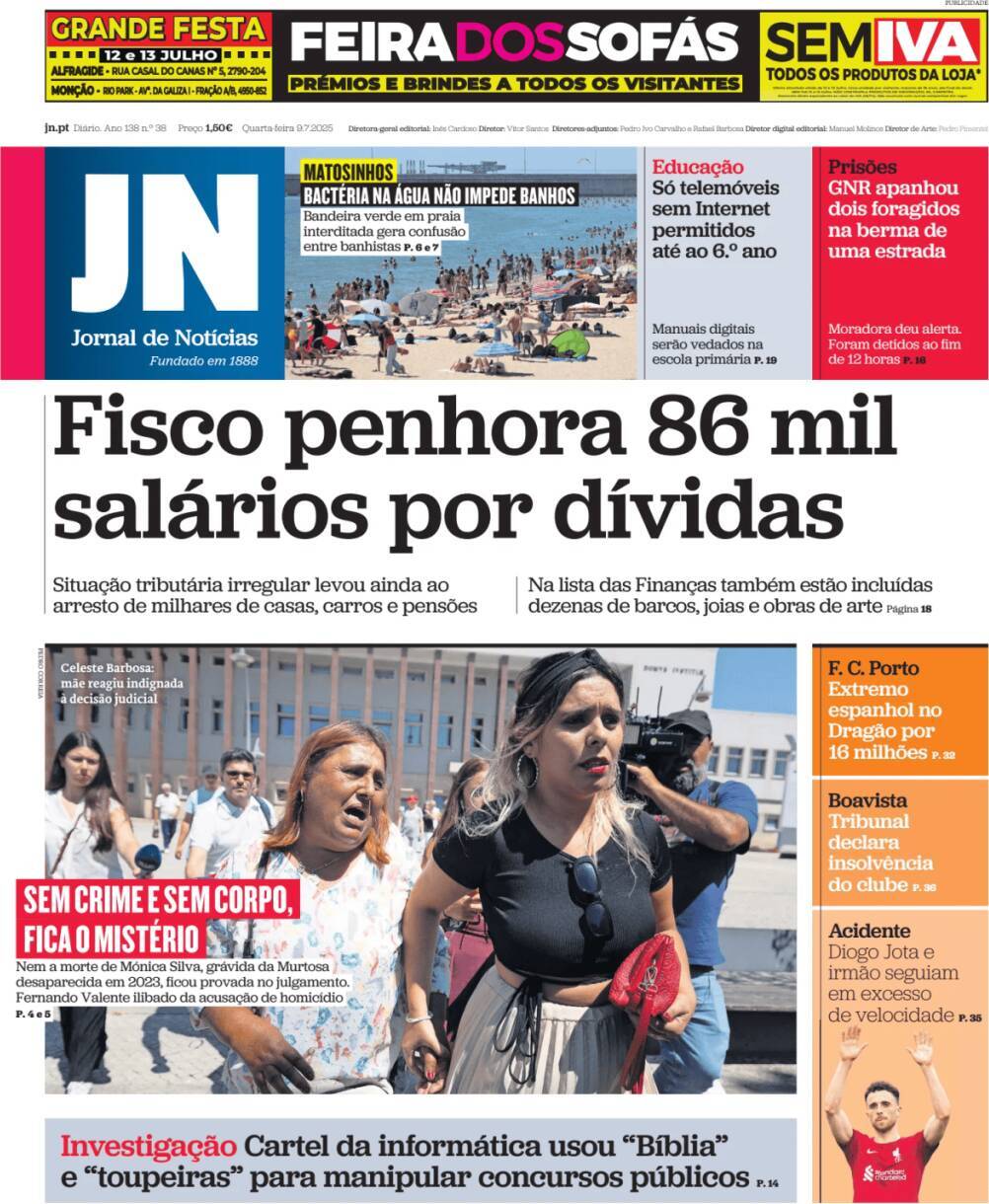 Jornal de Not&iacute;cias: Capa da Edi&ccedil;&atilde;o de quarta-feira, 09 de julho 2025