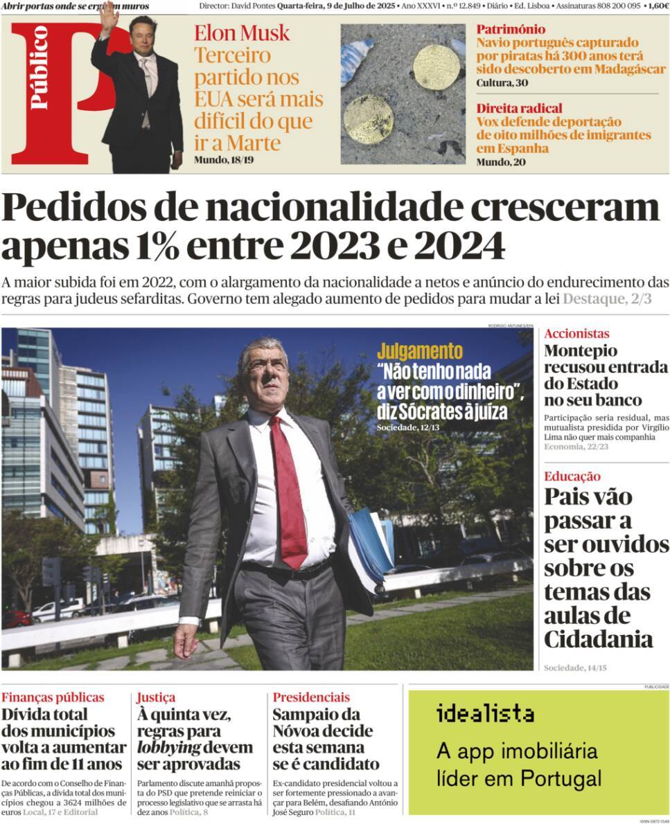 P&uacute;blico: Capa da Edi&ccedil;&atilde;o de quarta-feira, 09 de julho 2025