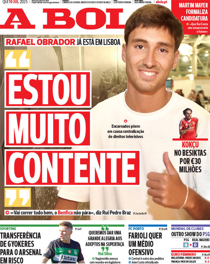A Bola: Capa da Edi&ccedil;&atilde;o de quinta-feira, 10 de julho 2025