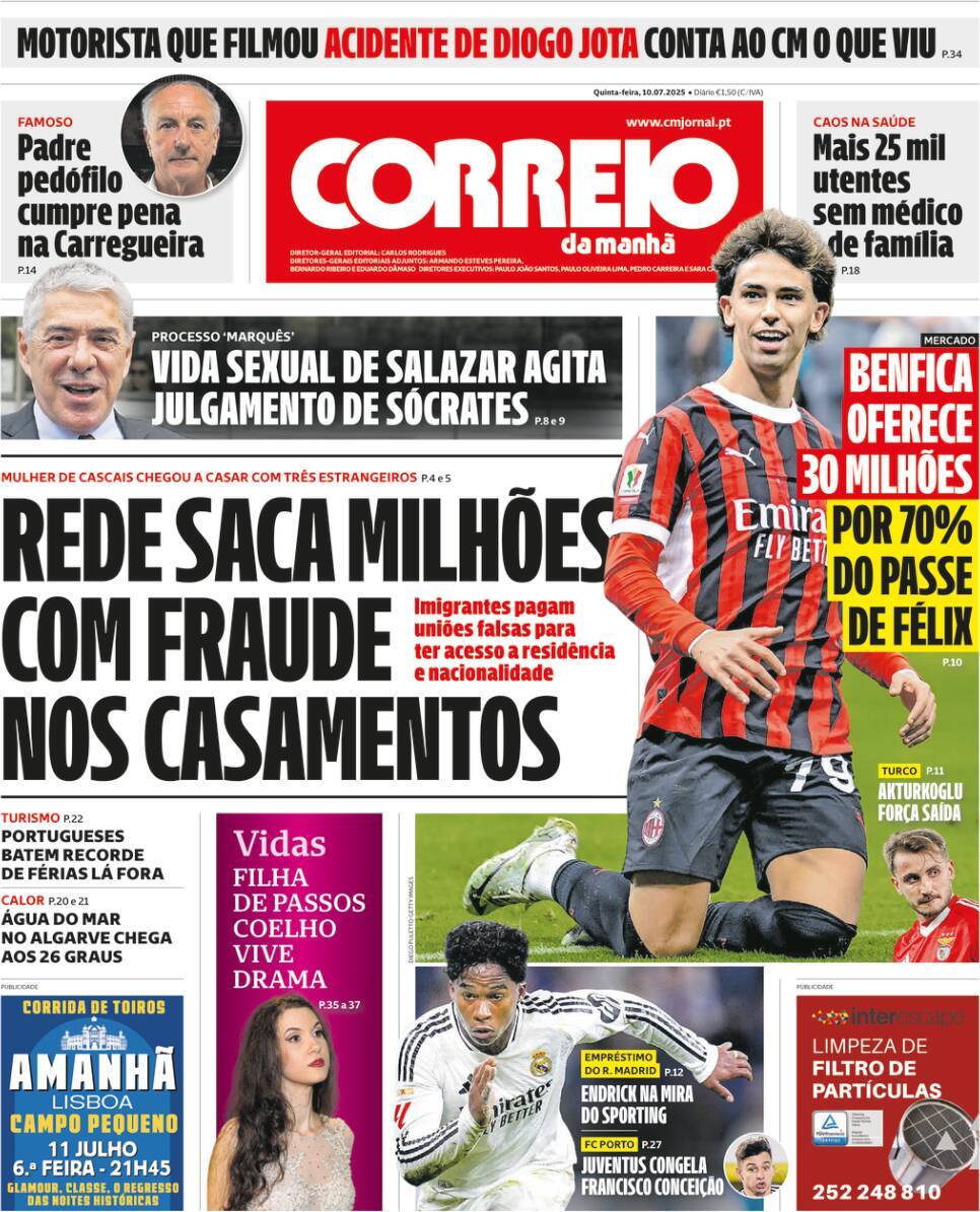 Correio da Manh&atilde;: Capa da Edi&ccedil;&atilde;o de quinta-feira, 10 de julho 2025