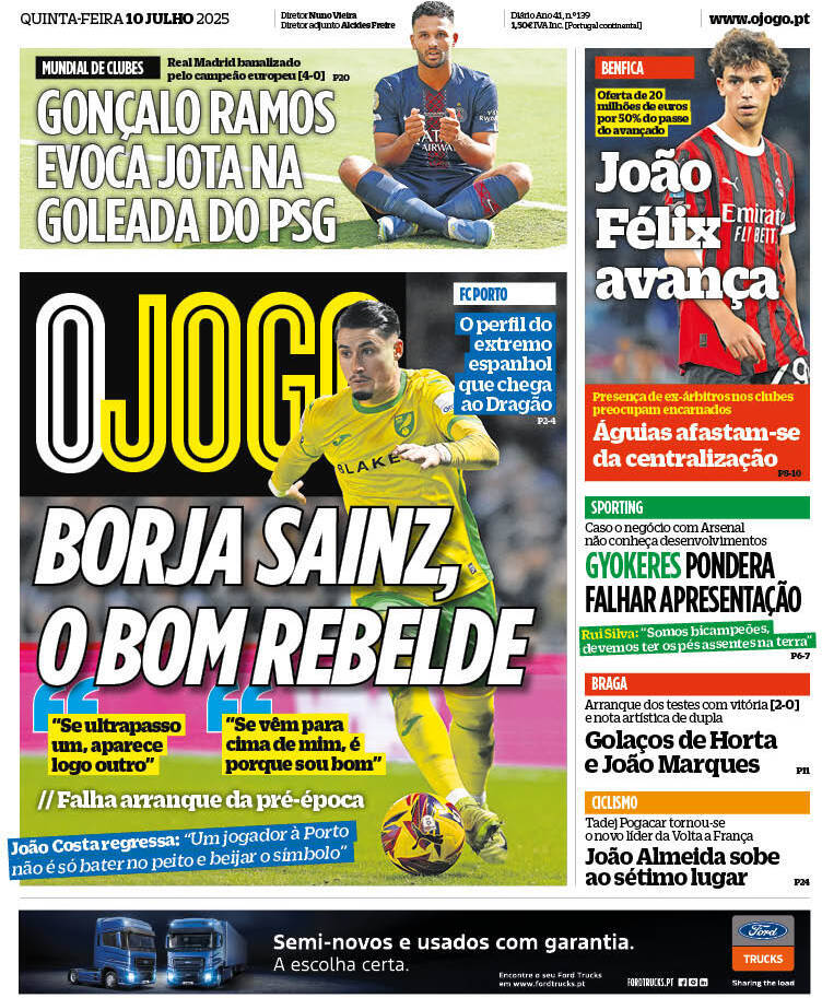 O Jogo: Capa da Edi&ccedil;&atilde;o de quinta-feira, 10 de julho 2025