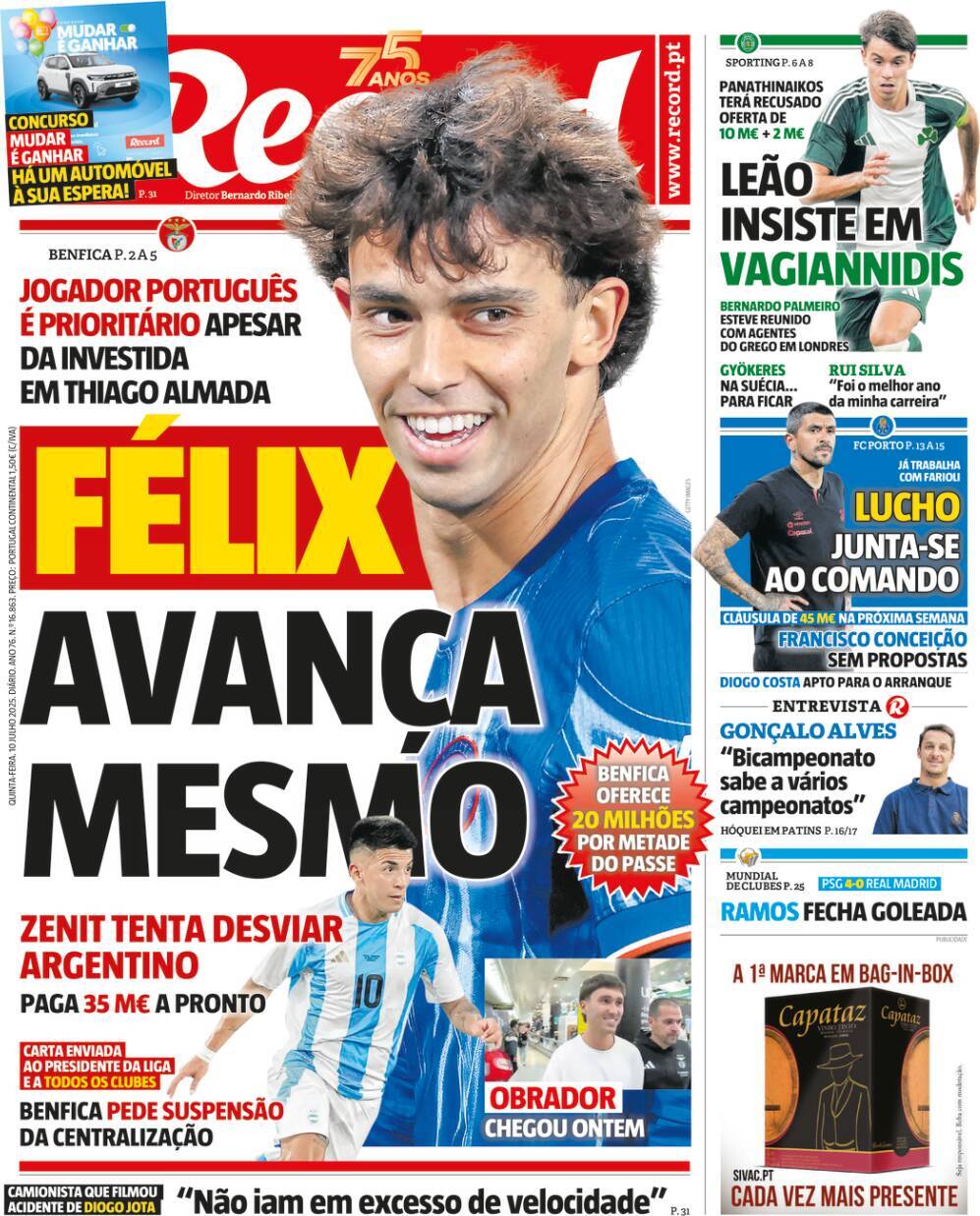 Record: Capa da Edi&ccedil;&atilde;o de quinta-feira, 10 de julho 2025