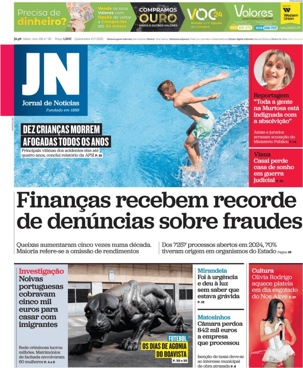 Jornal de Not&iacute;cias: Capa da Edi&ccedil;&atilde;o de quinta-feira, 10 de julho 2025