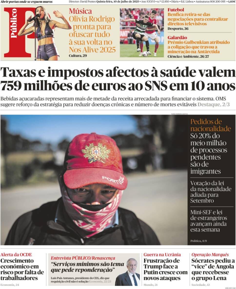 P&uacute;blico: Capa da Edi&ccedil;&atilde;o de quinta-feira, 10 de julho 2025