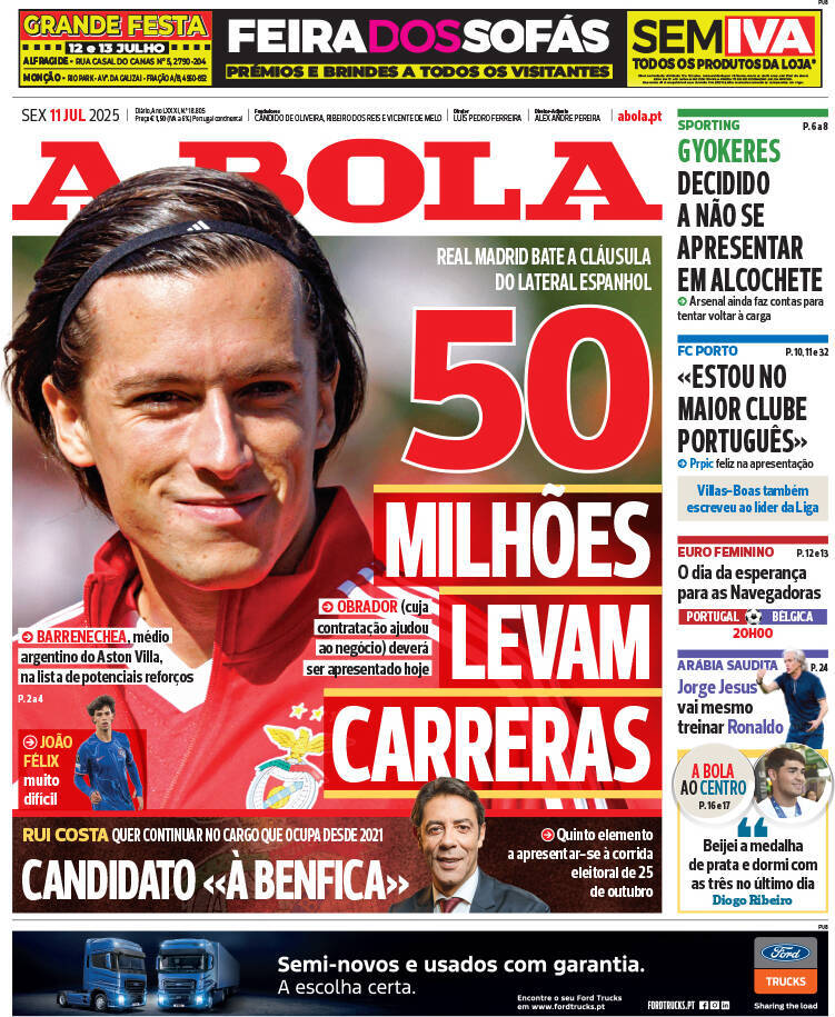 A Bola: Capa da Edi&ccedil;&atilde;o de sexta-feira, 11 de julho 2025