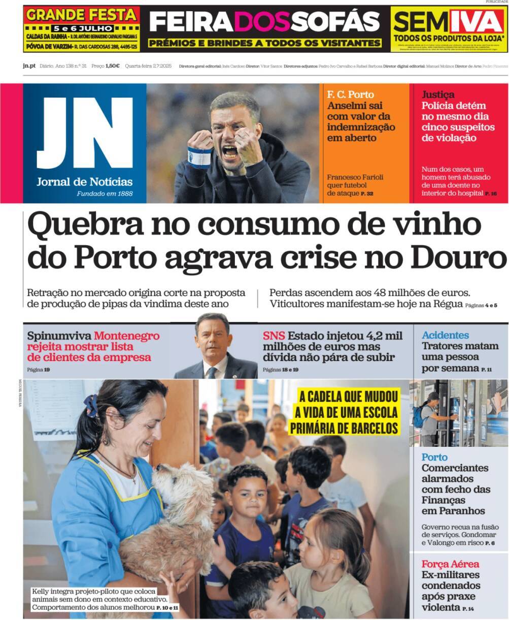 Jornal de Not&iacute;cias: Capa da Edi&ccedil;&atilde;o de quarta-feira, 02 de julho 2025
