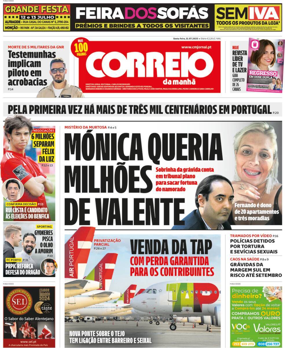 Correio da Manh&atilde;: Capa da Edi&ccedil;&atilde;o de sexta-feira, 11 de julho 2025