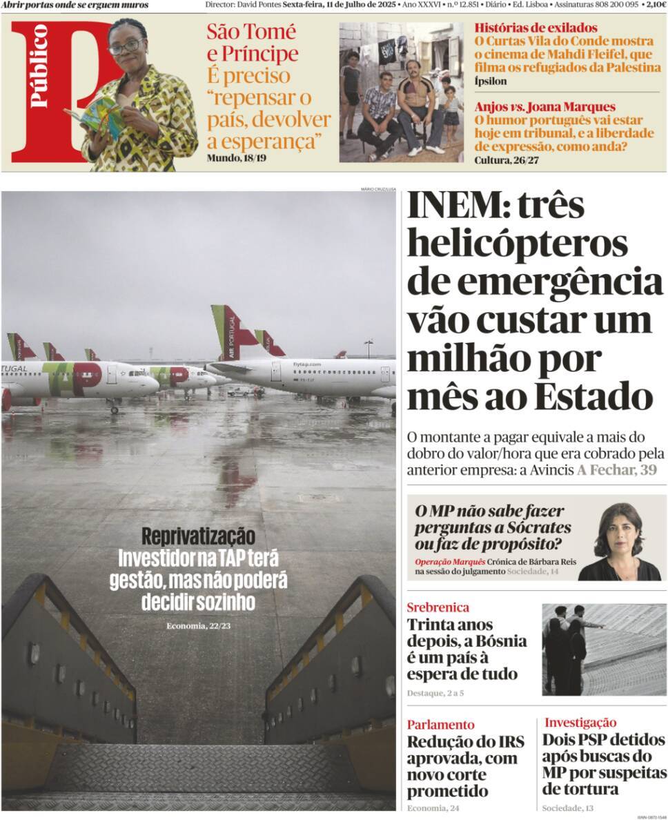 P&uacute;blico: Capa da Edi&ccedil;&atilde;o de sexta-feira, 11 de julho 2025