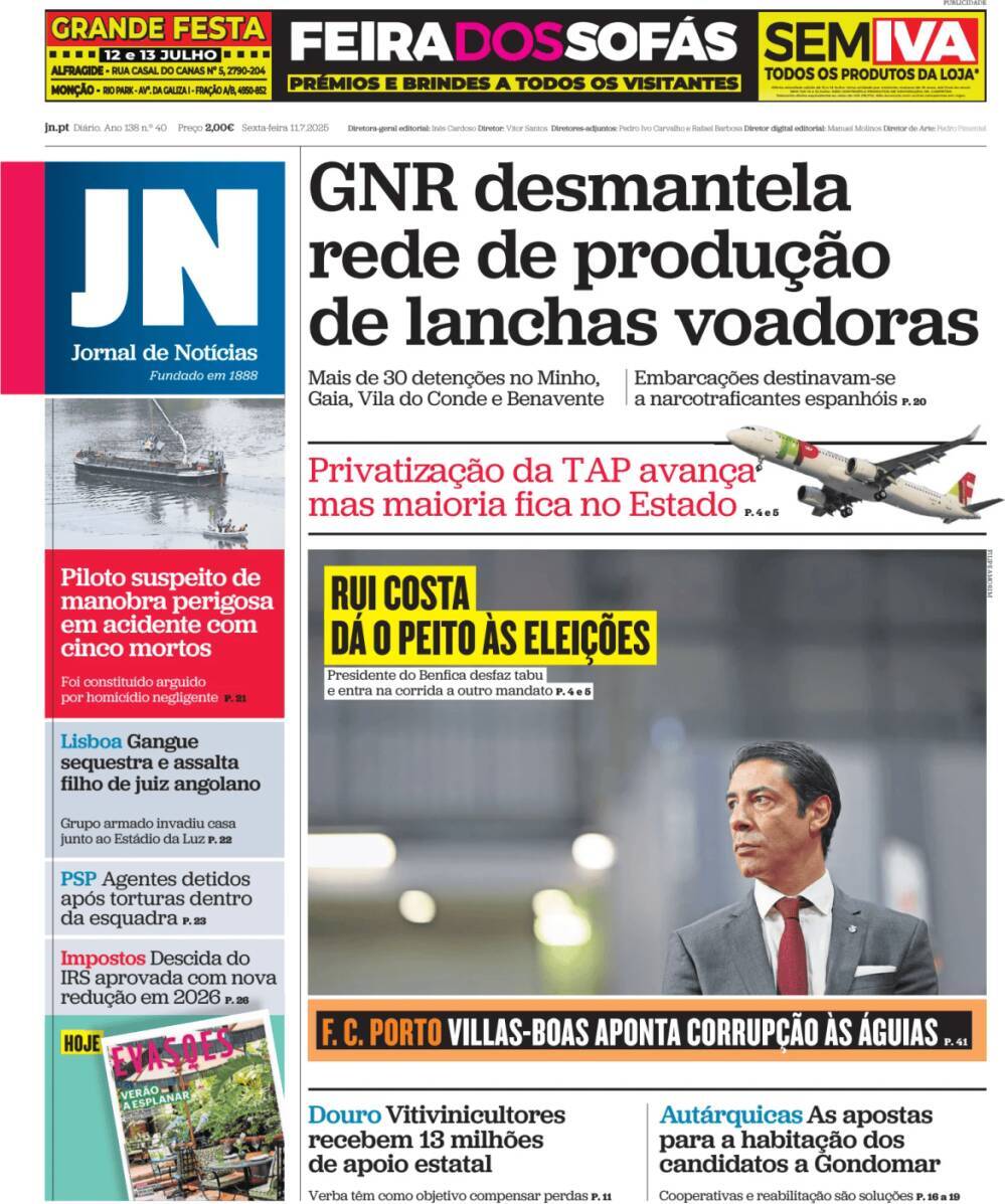 Jornal de Not&iacute;cias: Capa da Edi&ccedil;&atilde;o de sexta-feira, 11 de julho 2025