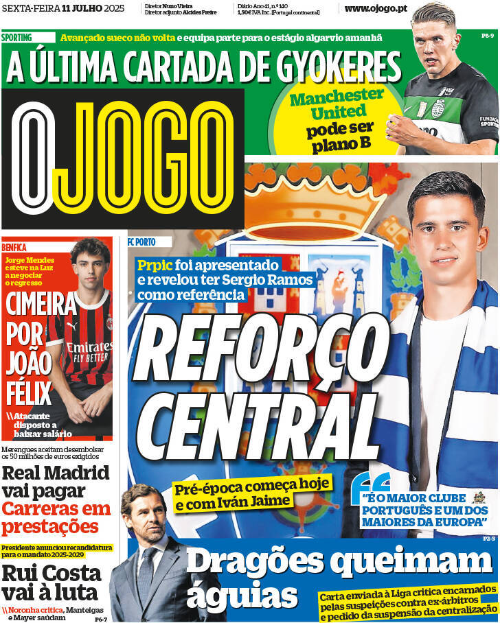 O Jogo: Capa da Edi&ccedil;&atilde;o de sexta-feira, 11 de julho 2025