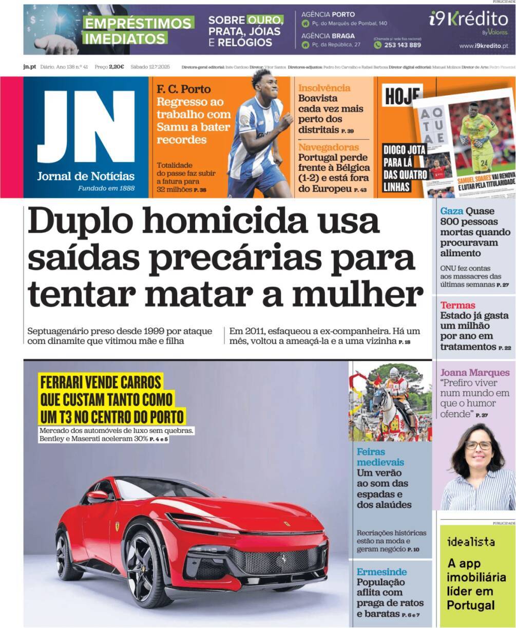 Jornal de Not&iacute;cias: Capa da Edi&ccedil;&atilde;o de s&aacute;bado, 12 de julho 2025