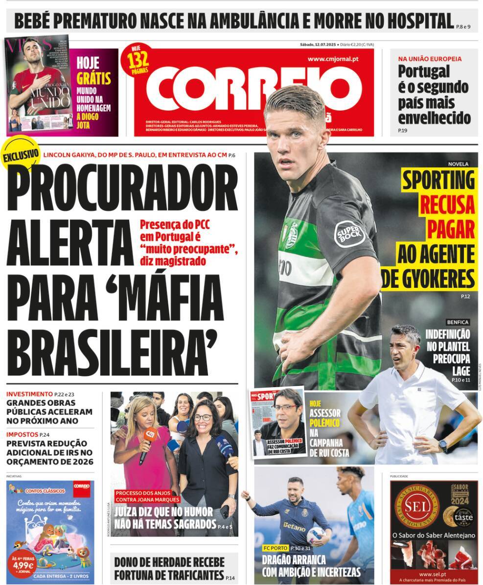 Correio da Manh&atilde;: Capa da Edi&ccedil;&atilde;o de s&aacute;bado, 12 de julho 2025