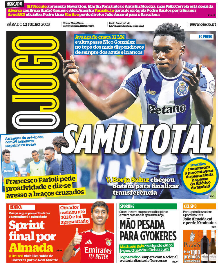 O Jogo: Capa da Edi&ccedil;&atilde;o de s&aacute;bado, 12 de julho 2025