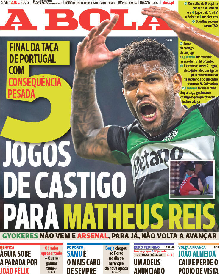 A Bola: Capa da Edi&ccedil;&atilde;o de s&aacute;bado, 12 de julho 2025