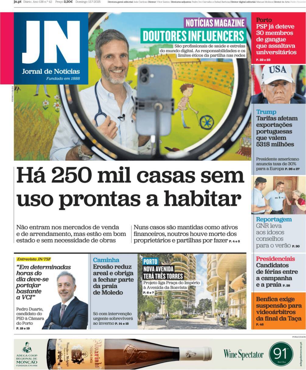 Jornal de Not&iacute;cias: Capa da Edi&ccedil;&atilde;o de domingo, 13 de julho 2025
