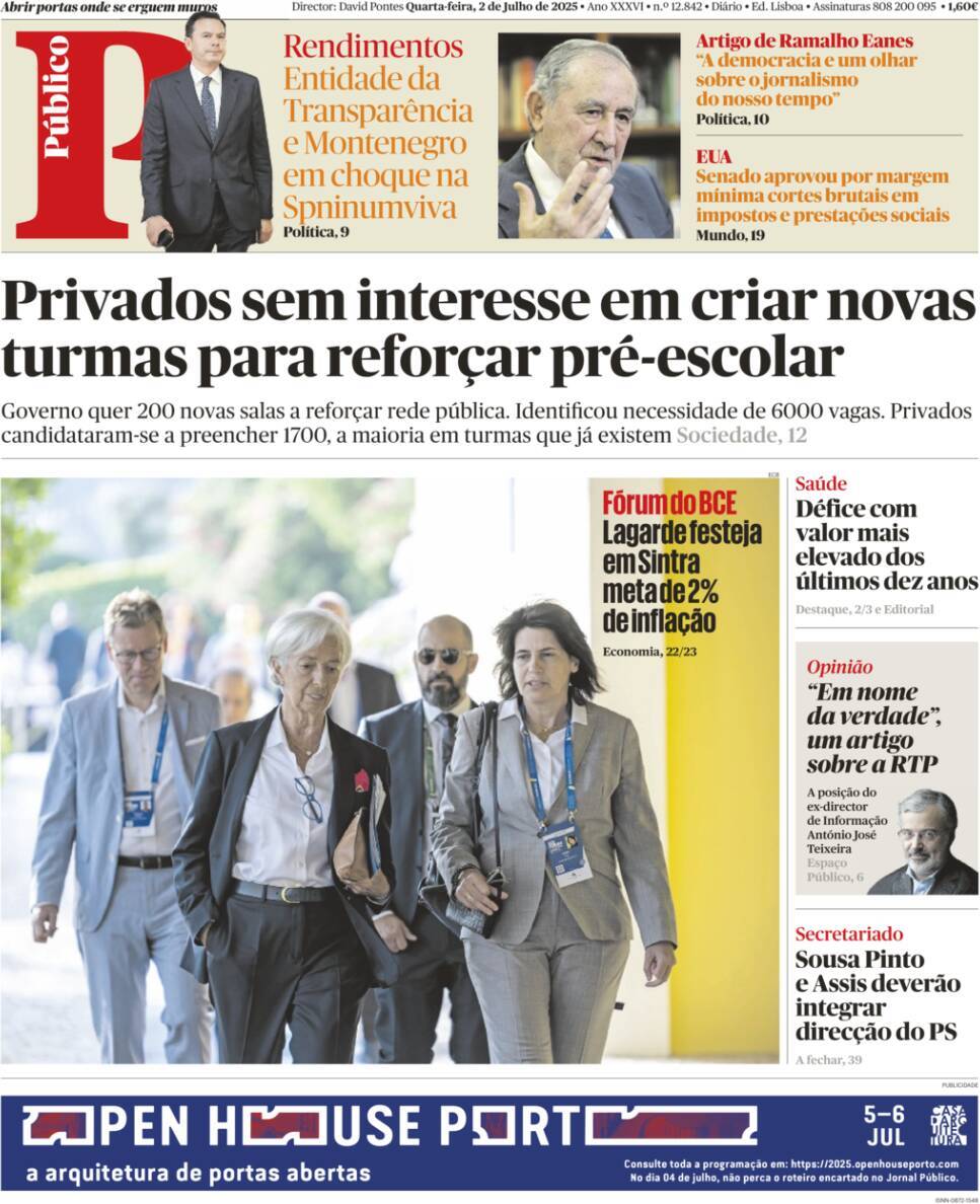 P&uacute;blico: Capa da Edi&ccedil;&atilde;o de quarta-feira, 02 de julho 2025