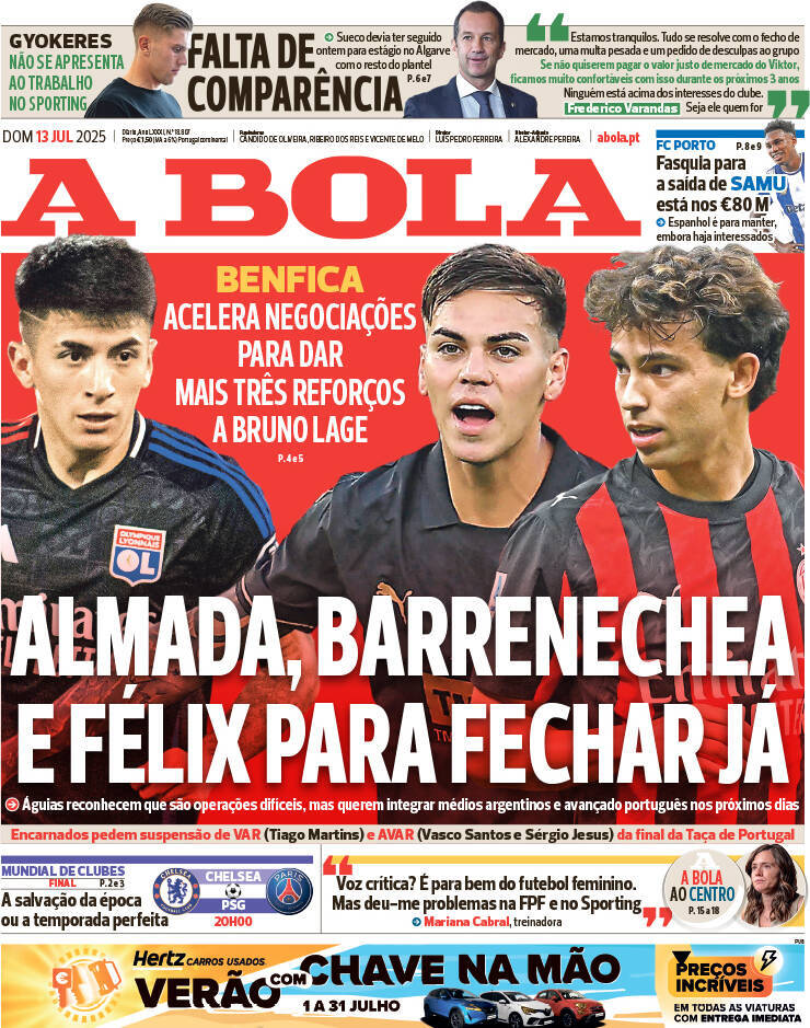 A Bola: Capa da Edi&ccedil;&atilde;o de domingo, 13 de julho 2025