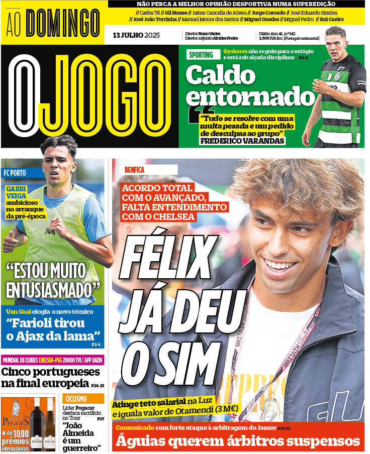 O Jogo: Capa da Edi&ccedil;&atilde;o de domingo, 13 de julho 2025