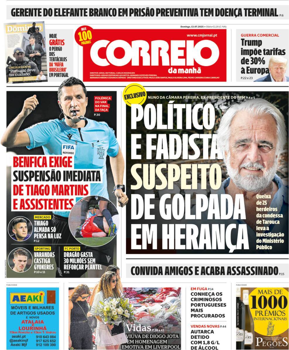 Correio da Manh&atilde;: Capa da Edi&ccedil;&atilde;o de domingo, 13 de julho 2025
