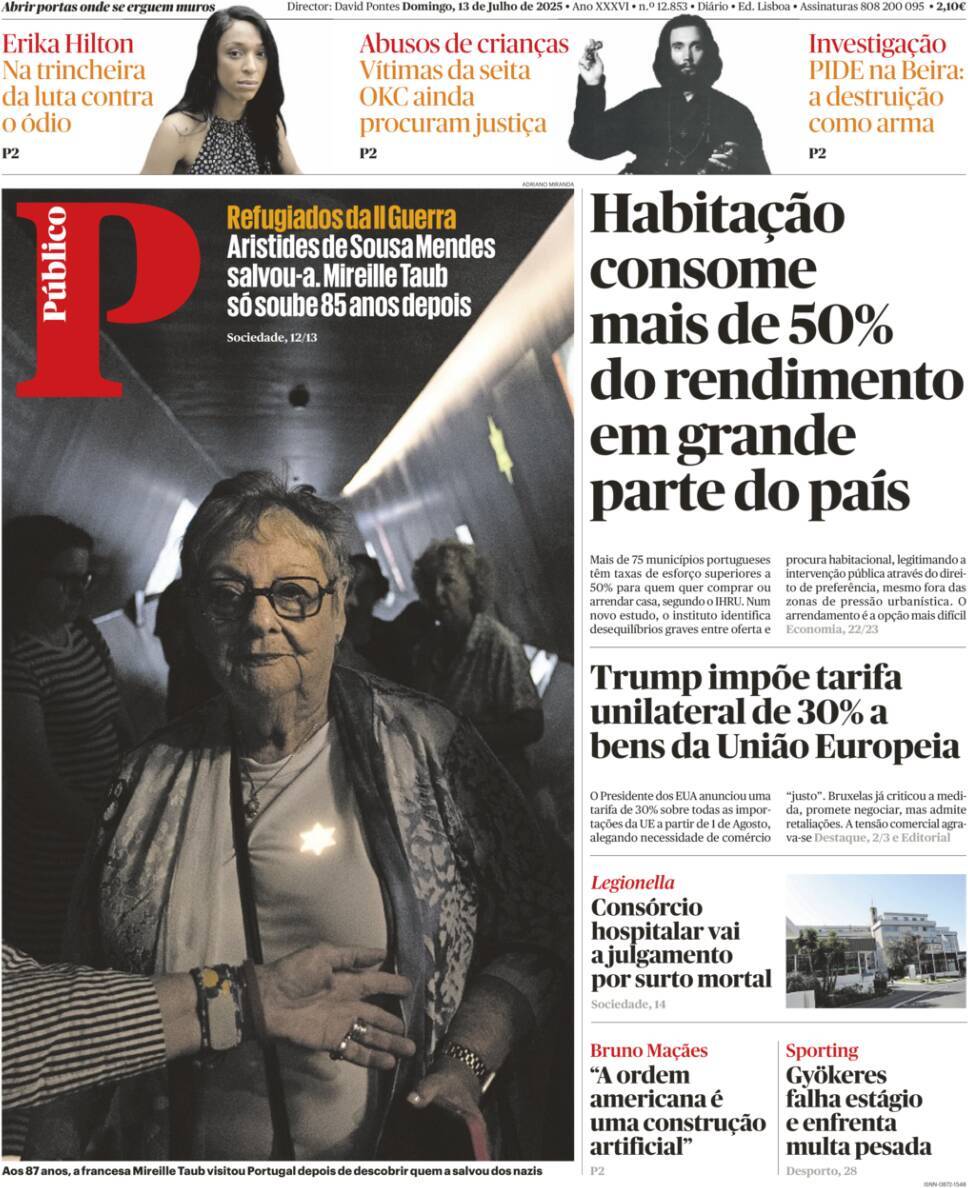 P&uacute;blico: Capa da Edi&ccedil;&atilde;o de domingo, 13 de julho 2025