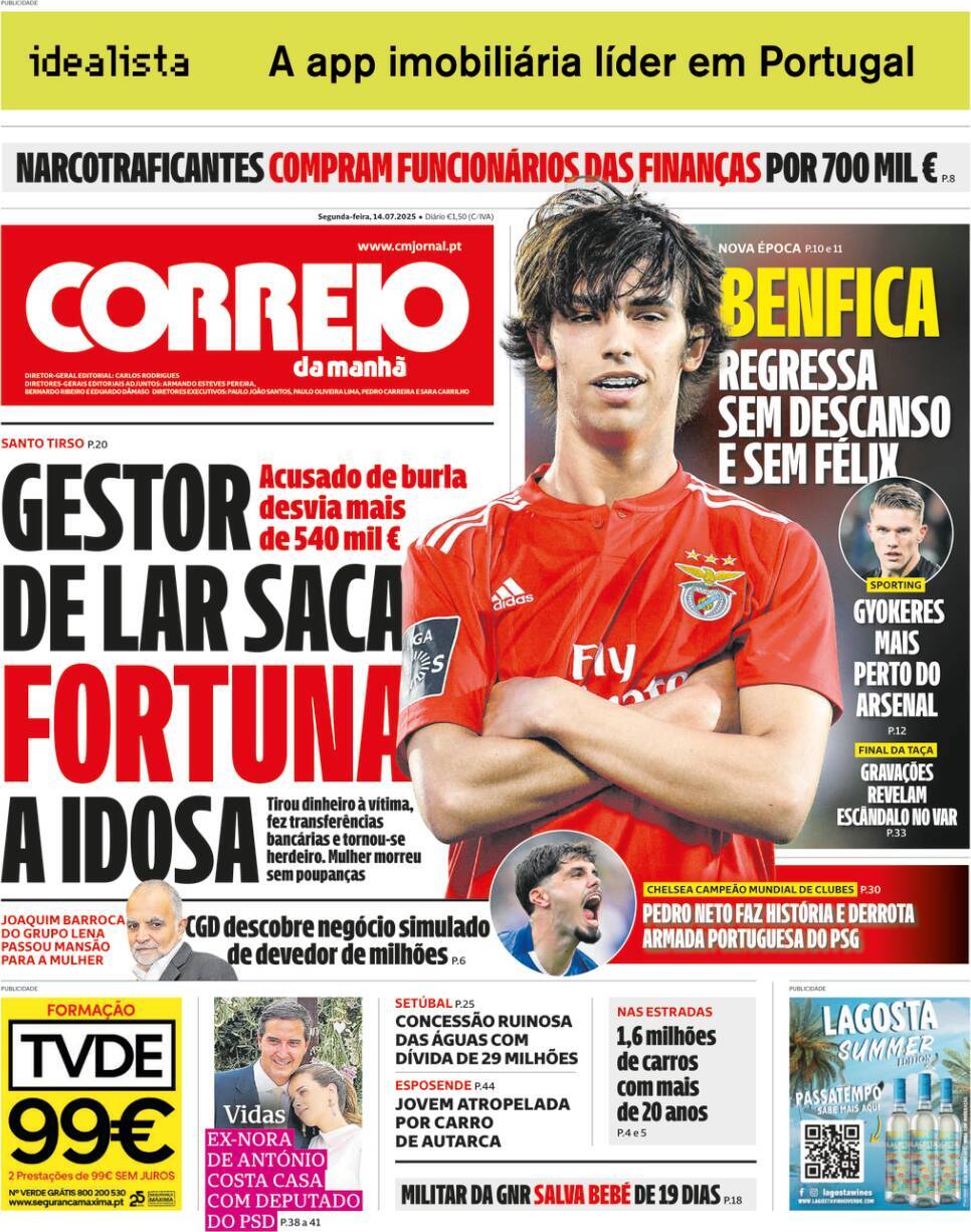 Correio da Manh&atilde;: Capa da Edi&ccedil;&atilde;o de segunda-feira, 14 de julho 2025