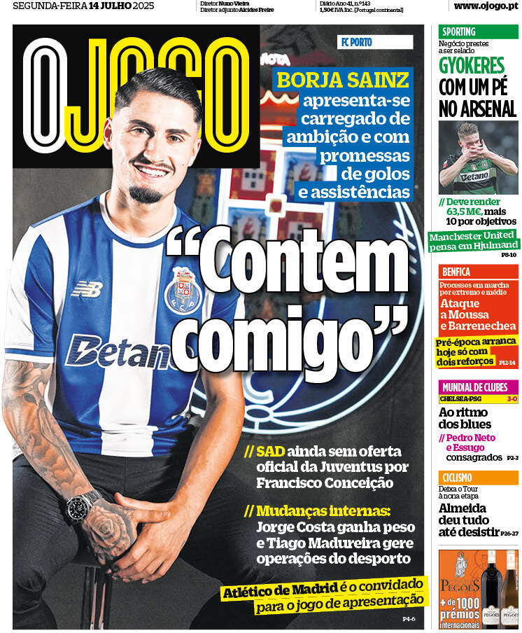 O Jogo: Capa da Edi&ccedil;&atilde;o de segunda-feira, 14 de julho 2025