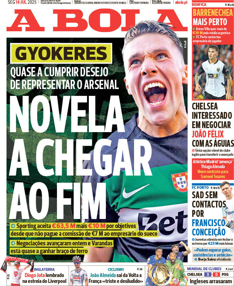 A Bola: Capa da Edi&ccedil;&atilde;o de segunda-feira, 14 de julho 2025
