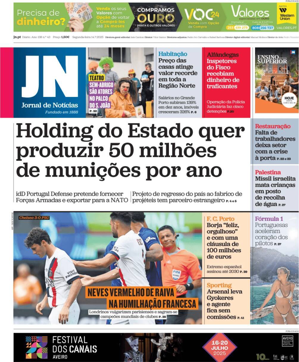 Jornal de Not&iacute;cias: Capa da Edi&ccedil;&atilde;o de segunda-feira, 14 de julho 2025