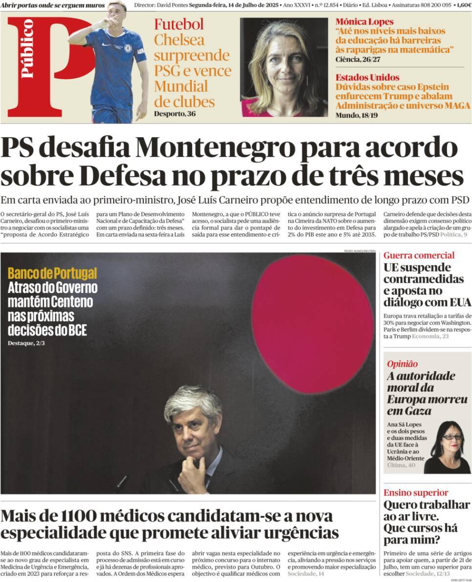 P&uacute;blico: Capa da Edi&ccedil;&atilde;o de segunda-feira, 14 de julho 2025