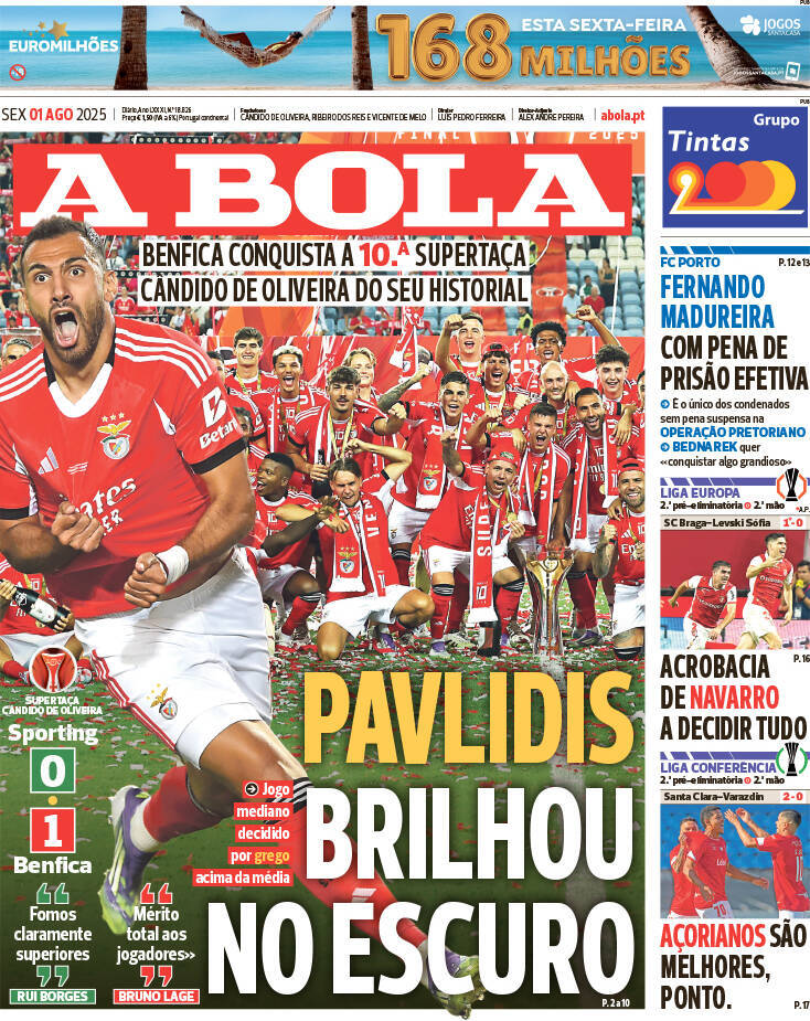 A Bola: Capa da Edi&ccedil;&atilde;o de sexta-feira, 01 de agosto 2025