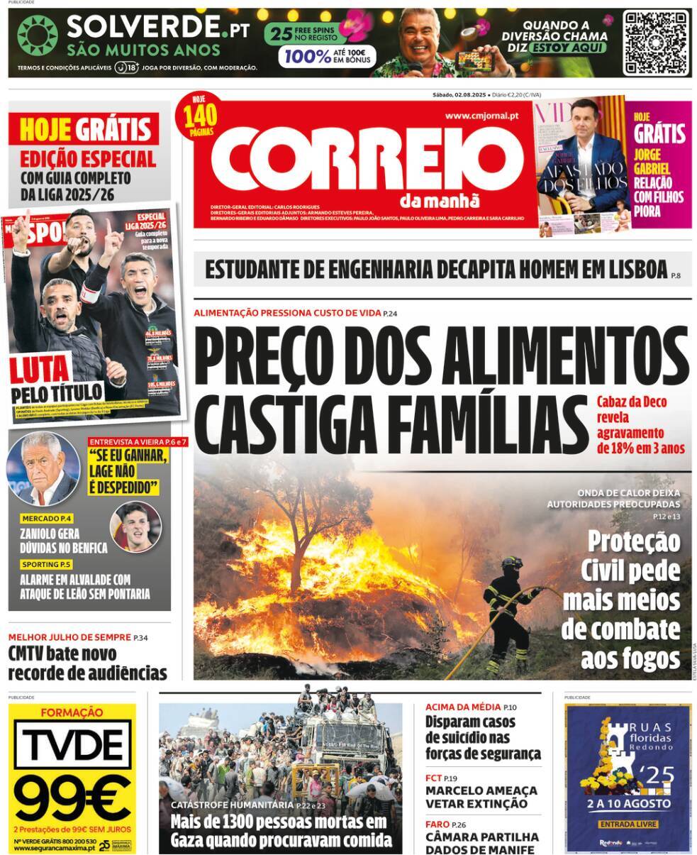 Correio da Manh&atilde;: Capa da Edi&ccedil;&atilde;o de s&aacute;bado, 02 de agosto 2025