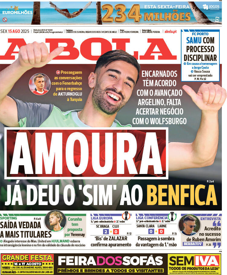 A Bola: Capa da Edi&ccedil;&atilde;o de sexta-feira, 15 de agosto 2025