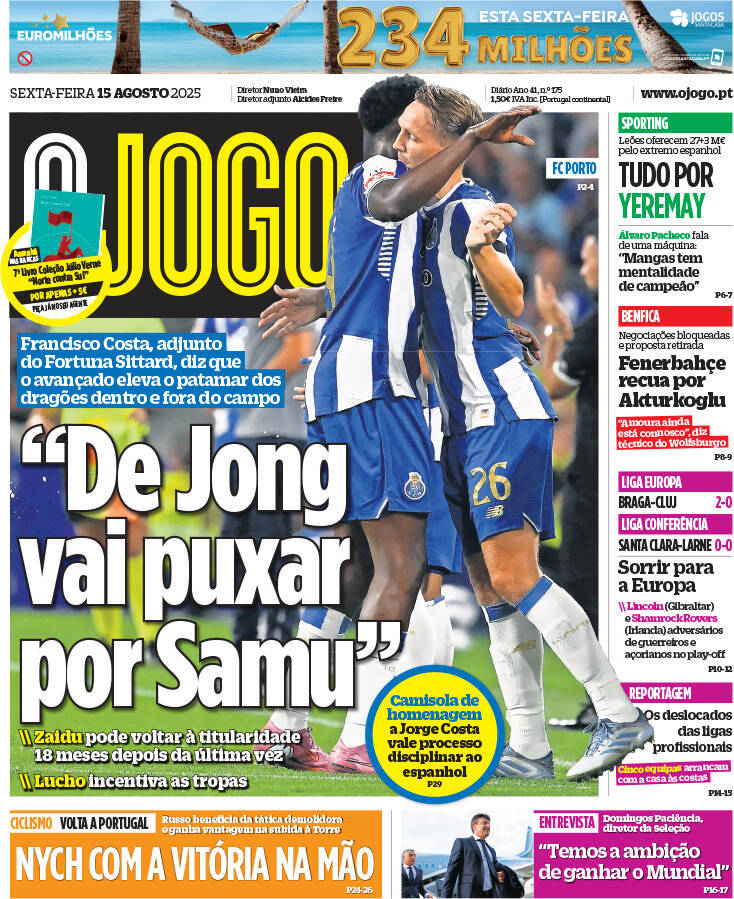 O Jogo: Capa da Edi&ccedil;&atilde;o de sexta-feira, 15 de agosto 2025