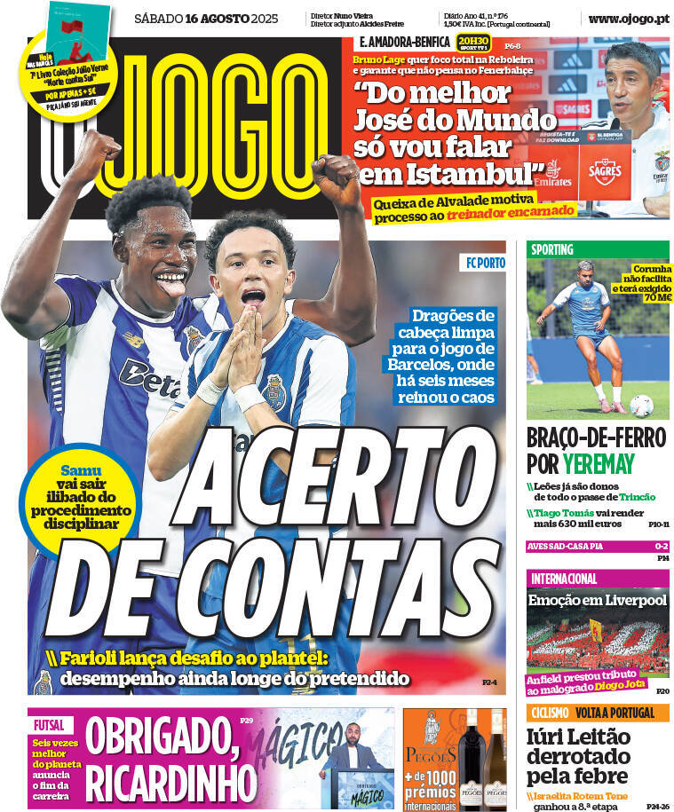O Jogo: Capa da Edi&ccedil;&atilde;o de s&aacute;bado, 16 de agosto 2025